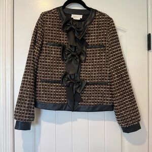 Anthropologie Brown Tweed Blazer/Jacket with Black Bows. Faux leather trim.